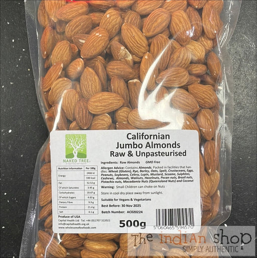 Naked Tree Californian Jumbo Almonds Raw and Unpasteurised - 500 g - Nuts and Dried Fruits